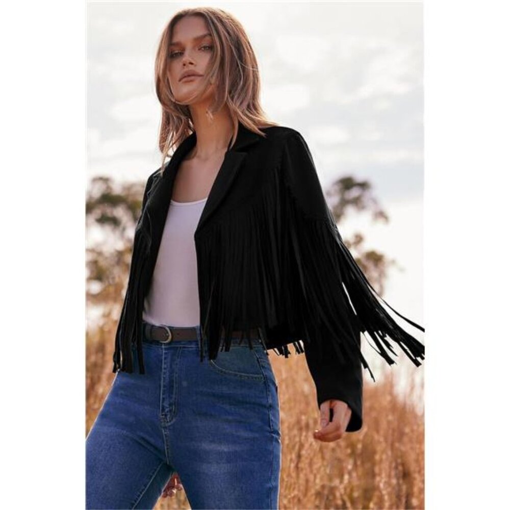 Women's Fringe Faux Suede Leather Jacket Tassel Cropped Coat - Picture 3 of 7
